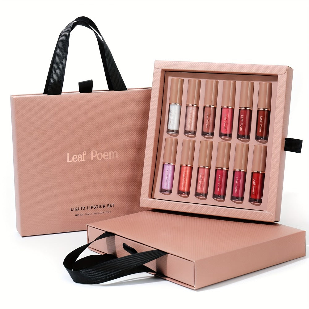 12-Piece Velvet Matte Lipstick Set Mirror Finish Long-Lasting Waterproof High Pigment — Smooth Paste Multi-Shade Lip Makeup Transfer-Resistant All-Day Wear Holiday Gift Set Women