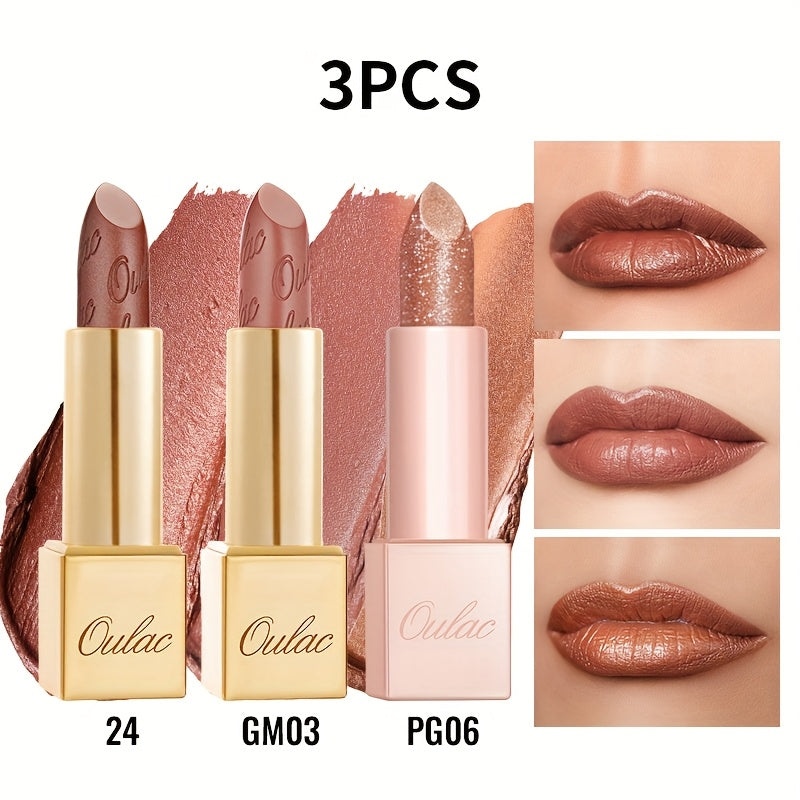 Metallic Lipstick Set 3 Pcs 24-Hour Smudge-Proof Transfer-Resistant Glossy Finish Full Coverage Long Lasting Lip Color Makeup Gift Set for Women 12.9G Each