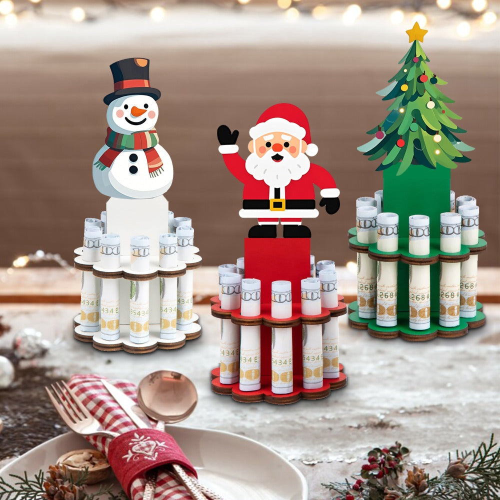 Christmas Money Tree Holder 3-Pack – Wooden Bill Dispenser Ornament with 10 Slots, Holiday Money Gift Display Stand, Table Decor for Winter Party Favors Stocking Stuffers