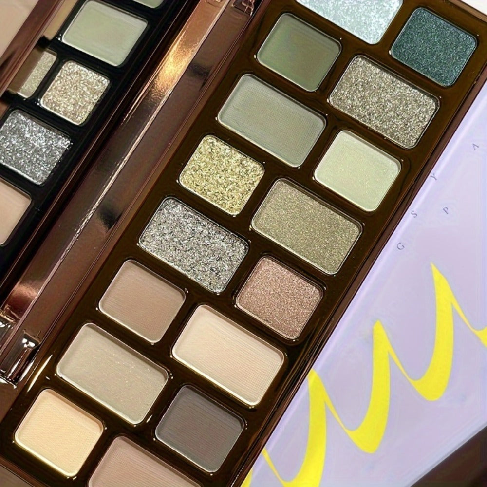 16-Color Eyeshadow Palette – Smoky Retro Matte Glitter & Pearlescent Shades, Gray Green Earthy Tones with Highlight & Blush, Compact Travel-Friendly Makeup Palette for Women