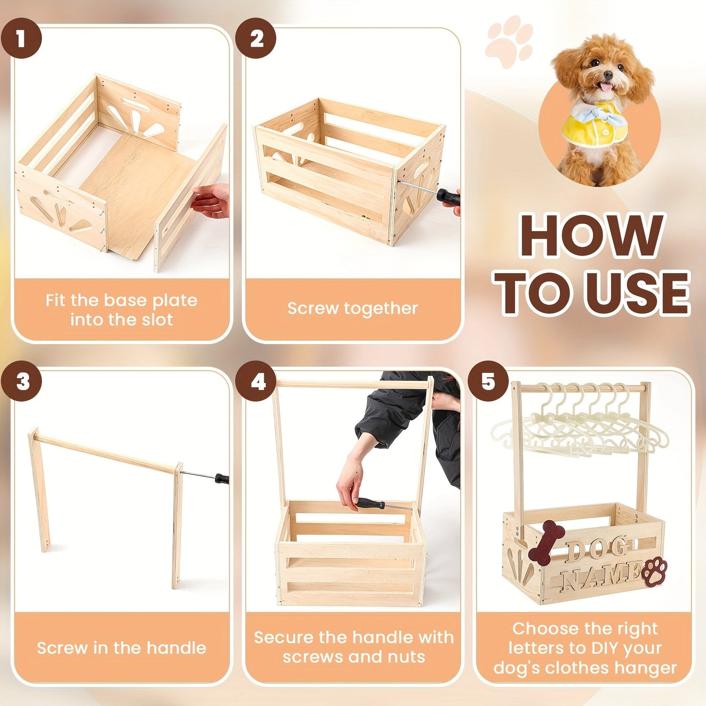 Wooden Pet Wardrobe Storage Box 20"x13"x9" – Dog & Cat Toy Organizer with Hanging Pole & PET Letters | Easy Assemble Basket for Pet Clothing, Accessories & Toy Storage, Natural Wood