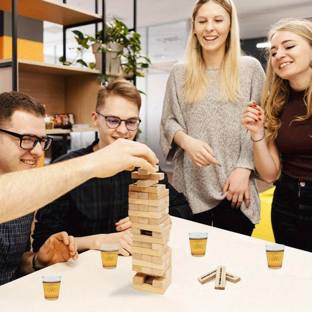 Drinking Game Tower Set 60 Wooden Challenge Blocks with 4 Glass Cups – Adult Party Game for Game Night Camping Bar Bachelorette, Funny Halloween Christmas Birthday Gift for Adults