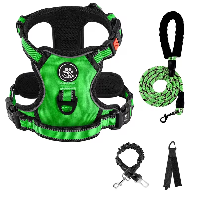 No Pull Dog Harness Set with Collar, Leash & Retractable Seatbelt – Reflective Adjustable Breathable Vest for Small to Large Dogs