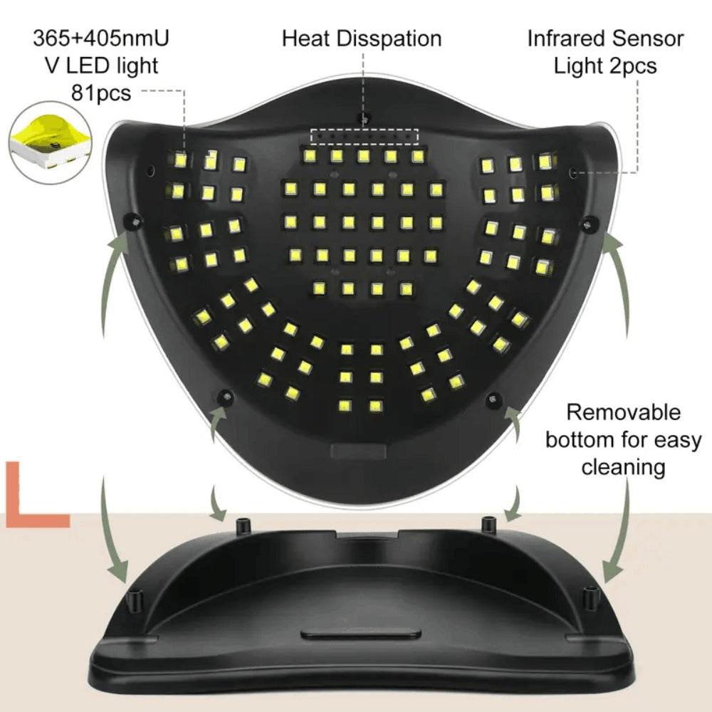 380W LED Nail Lamp Auto Sensor LCD Timer 4 Timing Modes 81 LED Beads Fast Gel Curing USB Powered One-Touch Button Low Heat Mode Home Salon Manicure Pedicure All Gel Polish