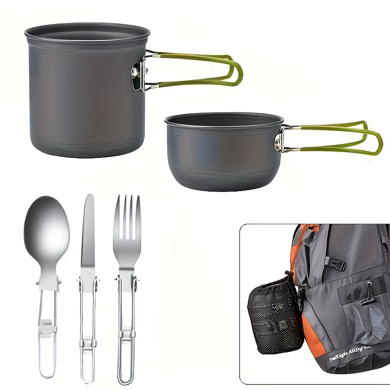 Portable Camping Cookware Set with Double Pot & Utensils - Lightweight Open Fire Cooking Kit with Forks Knives Spoons, Compact Space-Saving Iron Cookware for Outdoor Camping Picnic Travel Adventures