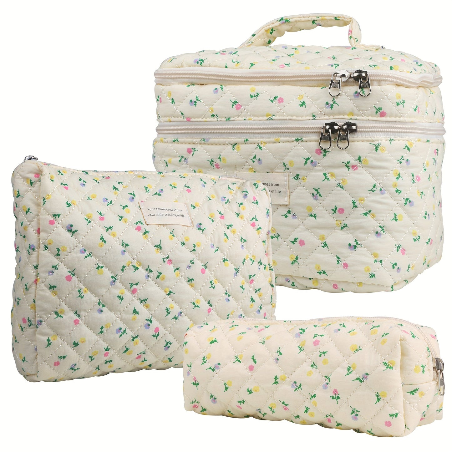 Makeup Bag Set 3 PCS Quilted Cotton Dual Layer Large Capacity Floral Coquette Aesthetic Travel Cosmetic Bag Women Toiletry Organizer Cute Soft Fabric Pouch Blue Pink Purple 6 Styles
