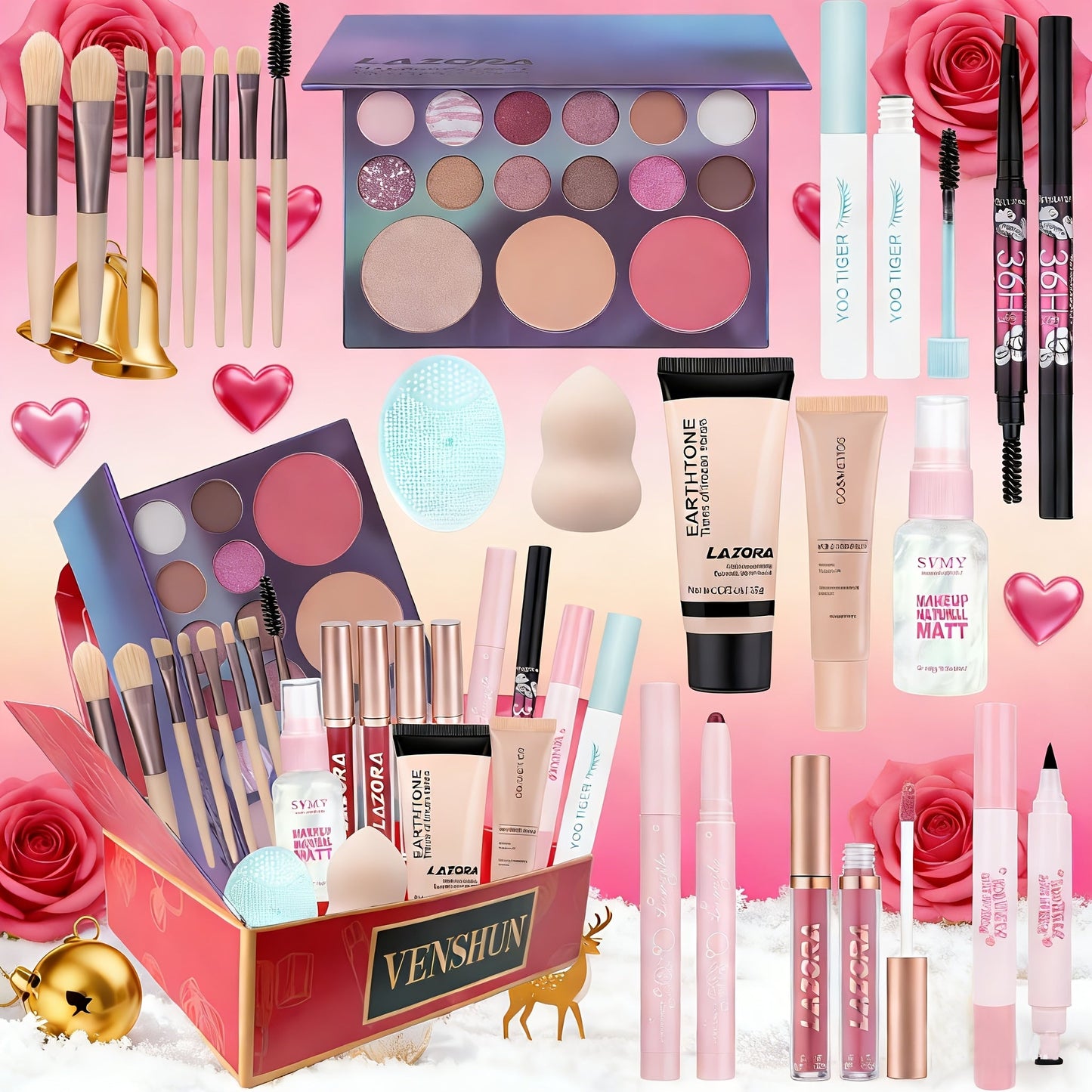 Full Face Makeup Gift Set for Women — Foundation, 18-Color Eyeshadow Palette, Coral Lipstick & Eyebrow Pencil, Complete Starter Kit, Holiday & Birthday Beauty Gift for Girls & Teens