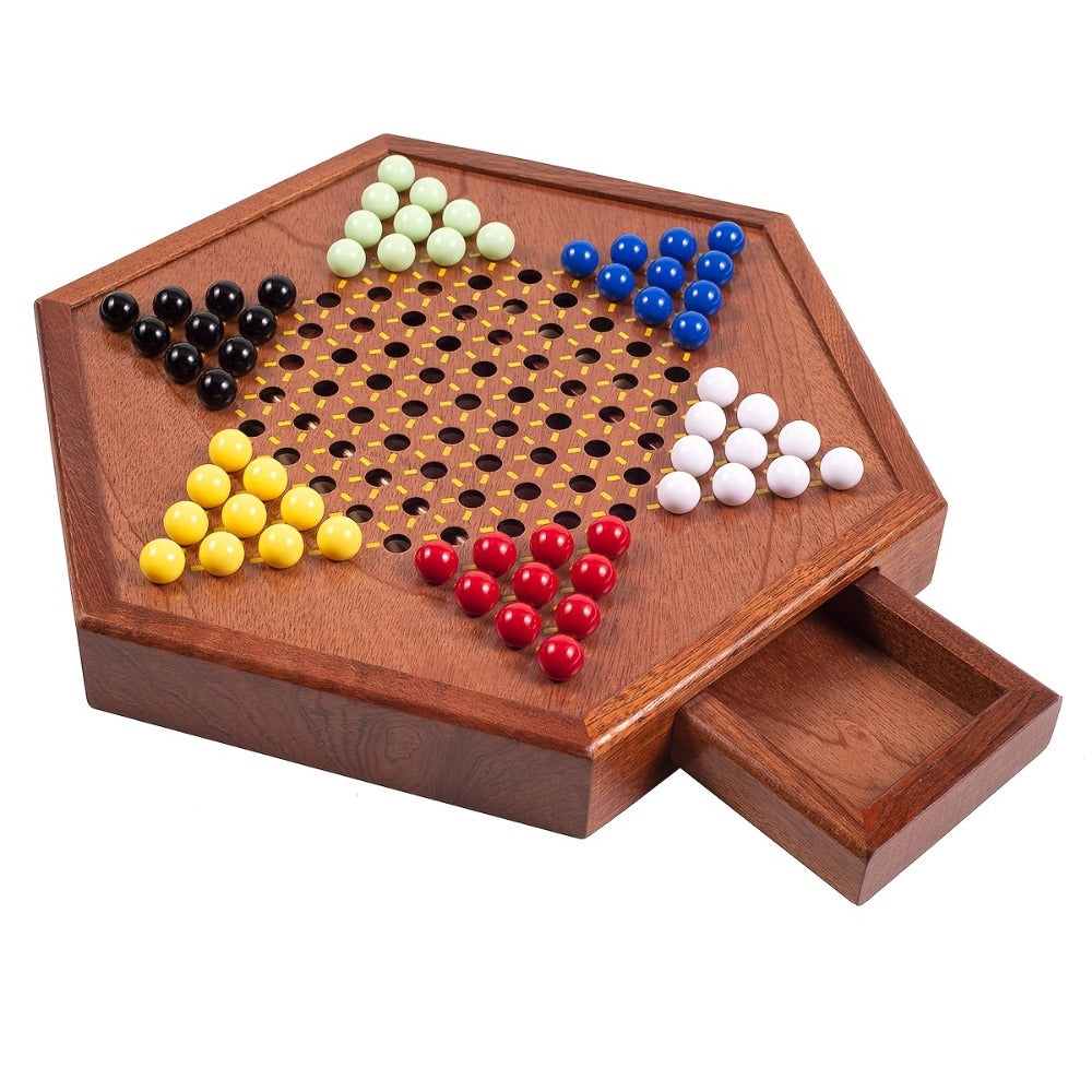 Deluxe Wooden Chinese Checkers Game Set 12.5 Inch Hexagonal Board with Storage Drawer 60 Acrylic Marbles – Classic Family Strategy Board Game for Kids Adults Game Night Gift