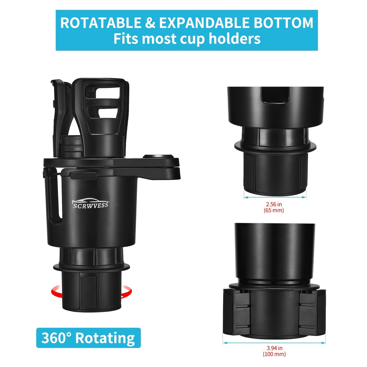 Car Cup Holder Phone Mount 2-in-1 Long Arm - 360° Rotating Cell Phone Holder with Cup Holder Expander, Universal Smartphone Car Mount