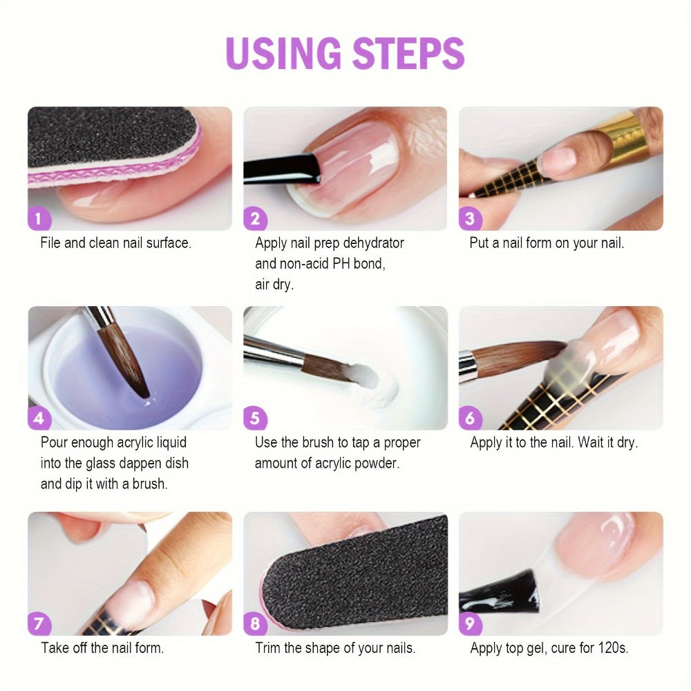 120g Peach Pink Acrylic Nail Kit 10-Piece — Crystal Powder Monomer Liquid Nail Brush Forms Complete Starter Set for Nail Extensions Salon & Home Use