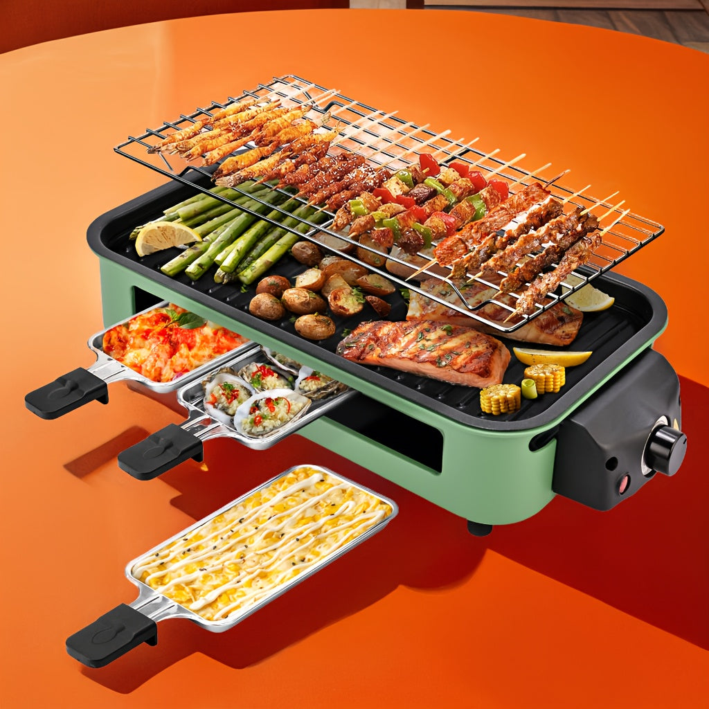 Indoor Electric Smokeless Grill 1500W – Raclette Table Grill with 3 Mini Pans, 16x9" Non-Stick Detachable Plate, Dishwasher Safe, Portable for Home Kitchen
