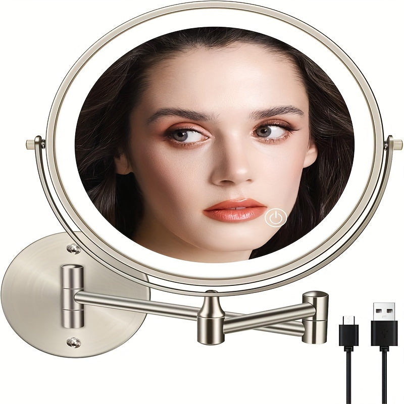 Wall Mounted Lighted Makeup Mirror 10X Magnification - 8 Inch LED Vanity Mirror 1X/10X Double Sided, 3-Color Touch Dimmer, 360° Swivel, USB Rechargeable Bathroom Mirror, Black Silver Gold