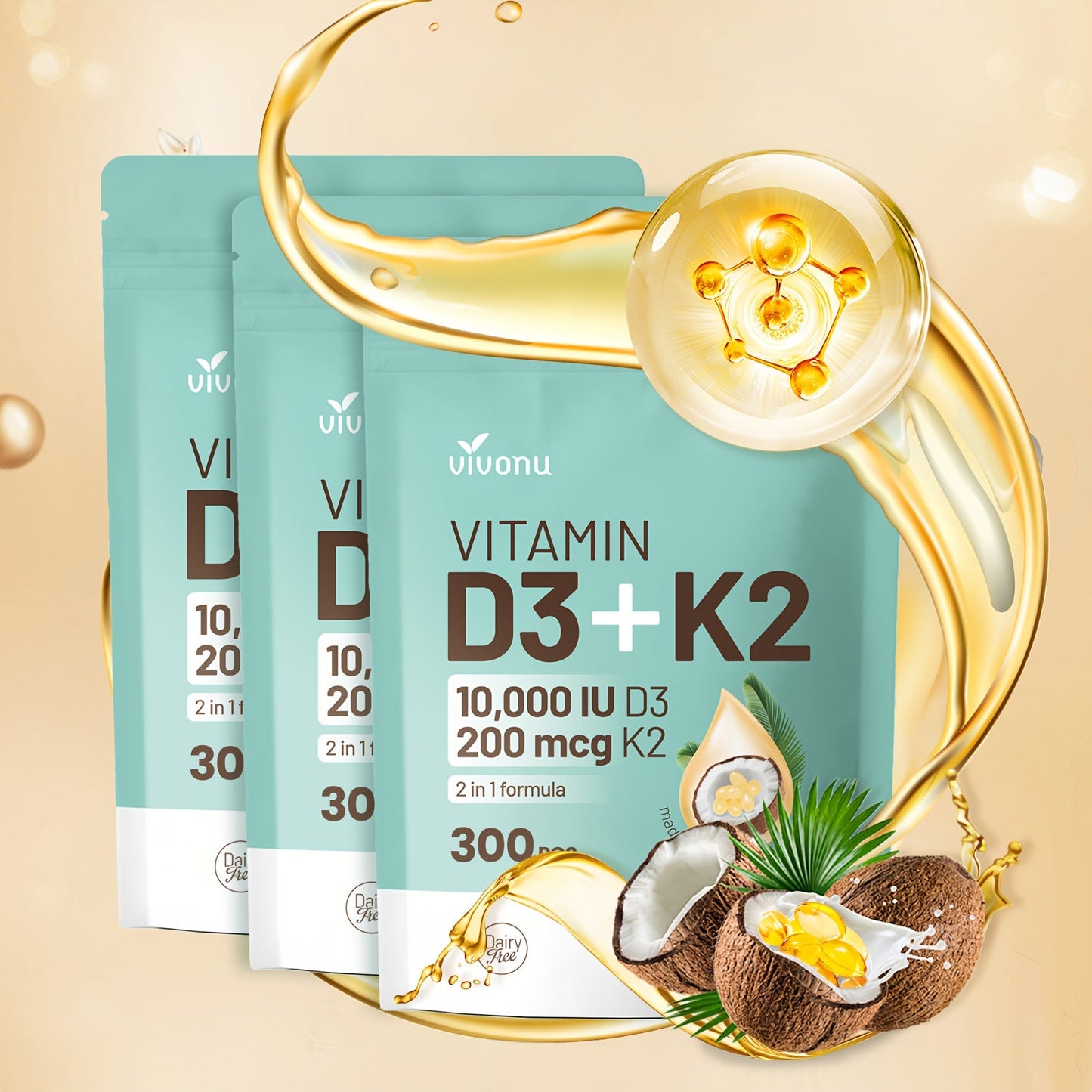 Vitamin D3 K2 Softgels with Coconut Oil – 2-in-1 Premium Bone, Heart & Immune Support Formula for Women & Men | Easy-to-Swallow | 300 Softgels per Pack