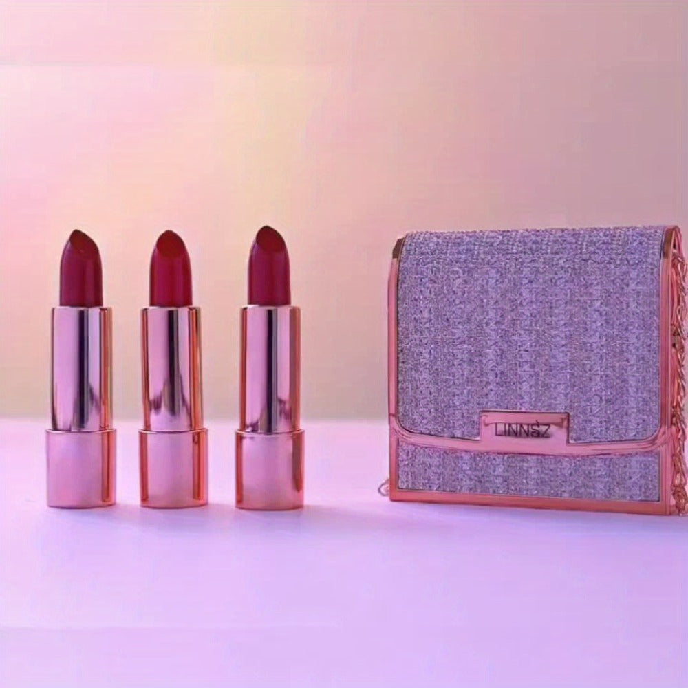 Matte Lipstick Gift Set 3 Pack Velvet Waterproof Long-Lasting Anti-Fading Intense Pigment Full Coverage Lip Color with Elegant Silvery Chain Bag for Women
