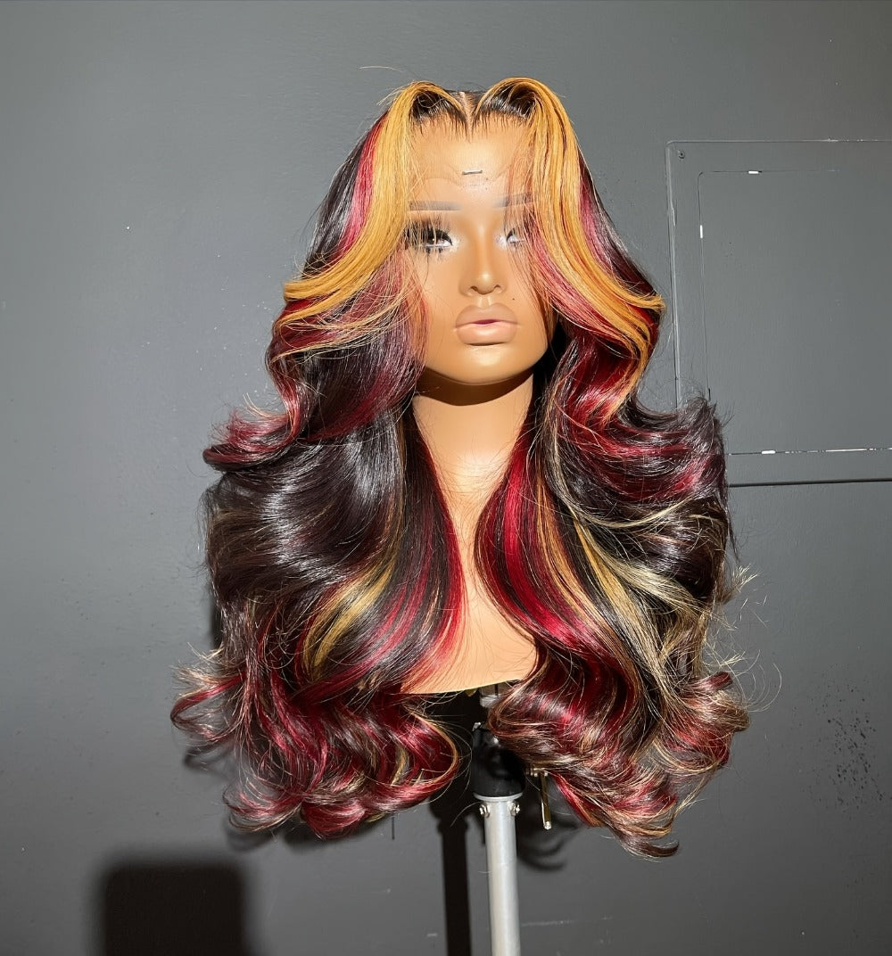 13x4 HD Lace Front Wig Body Wave 28 Inch Highlight Color 180% Density Glueless Pre-Plucked Natural Hairline Transparent Lace Wig for Women All Skin Tones Daily Wear Events