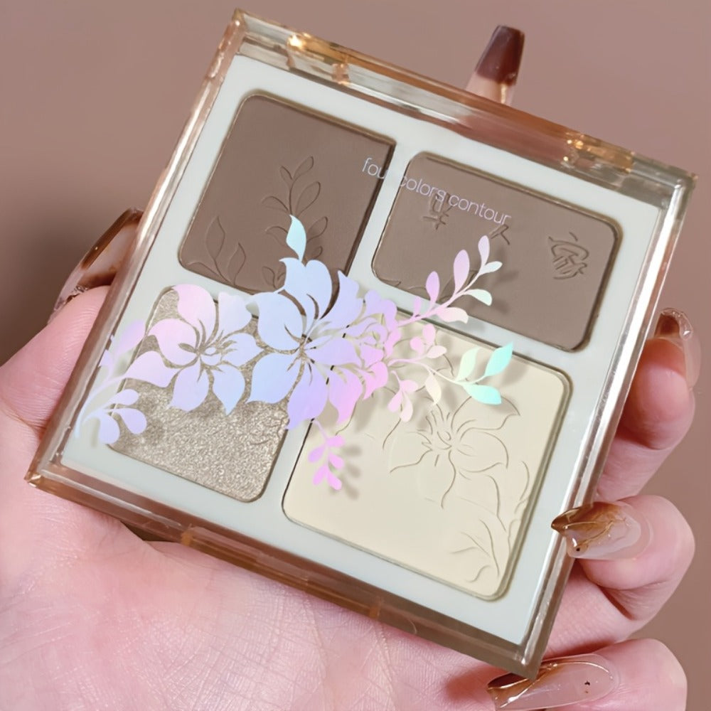 Face Sculpting Contour Palette 4 Colors Matte & Glossy — Multifunctional Bronzer Blush Highlighter & Eyeshadow Palette, Blendable Powder for Cheekbone Jawline Nose Defining, Everyday Makeup for Women