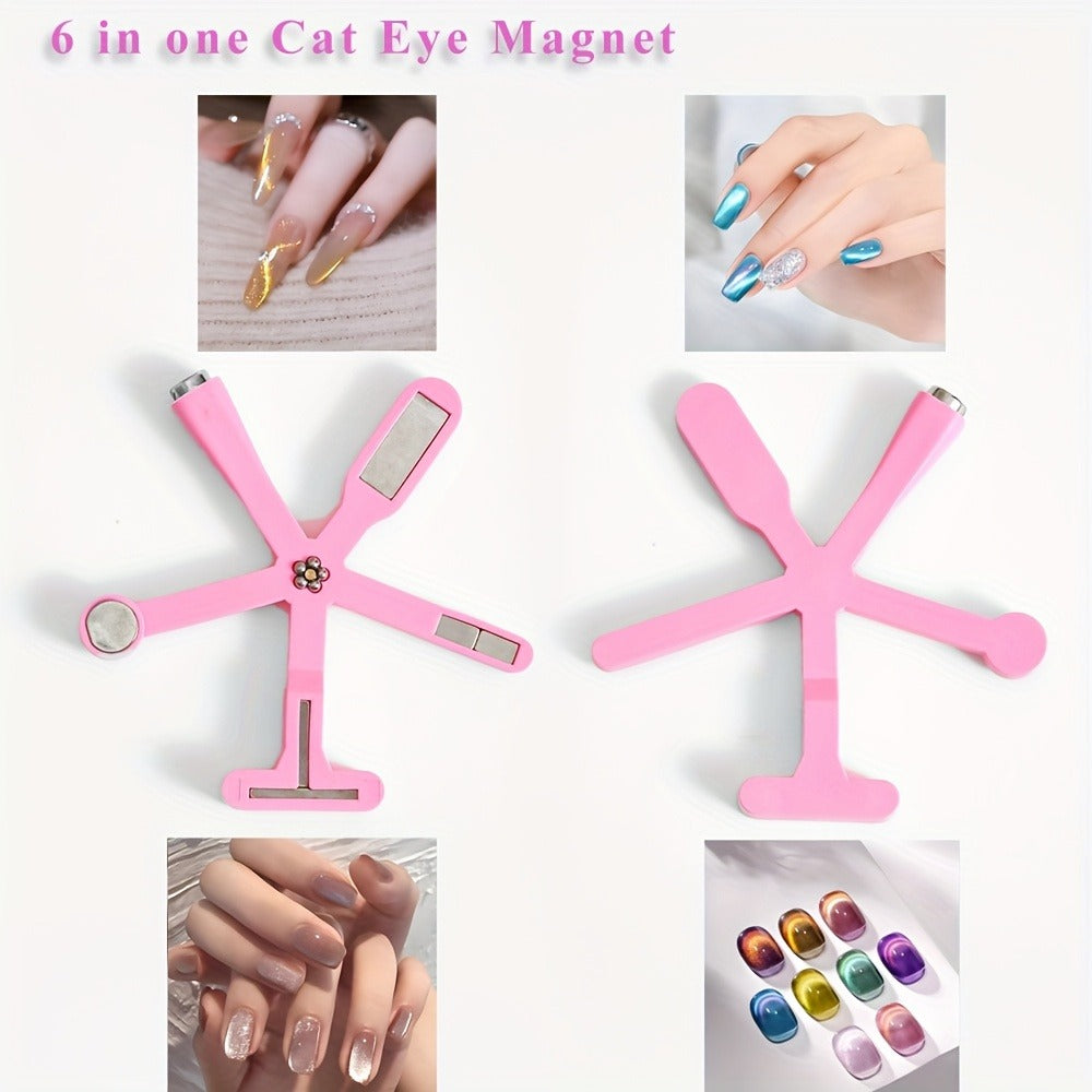 Cat Eye Nail Magnet Set 3Pcs 6-in-1 Magnetic Nail Art Tool – Pentagram Heart Round Cigar Magnets for Cat Eye Gel Polish Linear Star Heart Effects, DIY Home Salon Studio, Pink Design