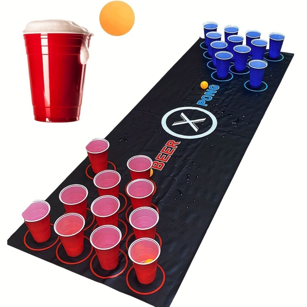 Beer Pong Set with Table Mat 12 Red Cups 12 Blue Cups & 24 Ping Pong Balls – Complete Adult Drinking Party Game for Game Night Couples Friends Bar, Christmas Valentine's Day Birthday Gift