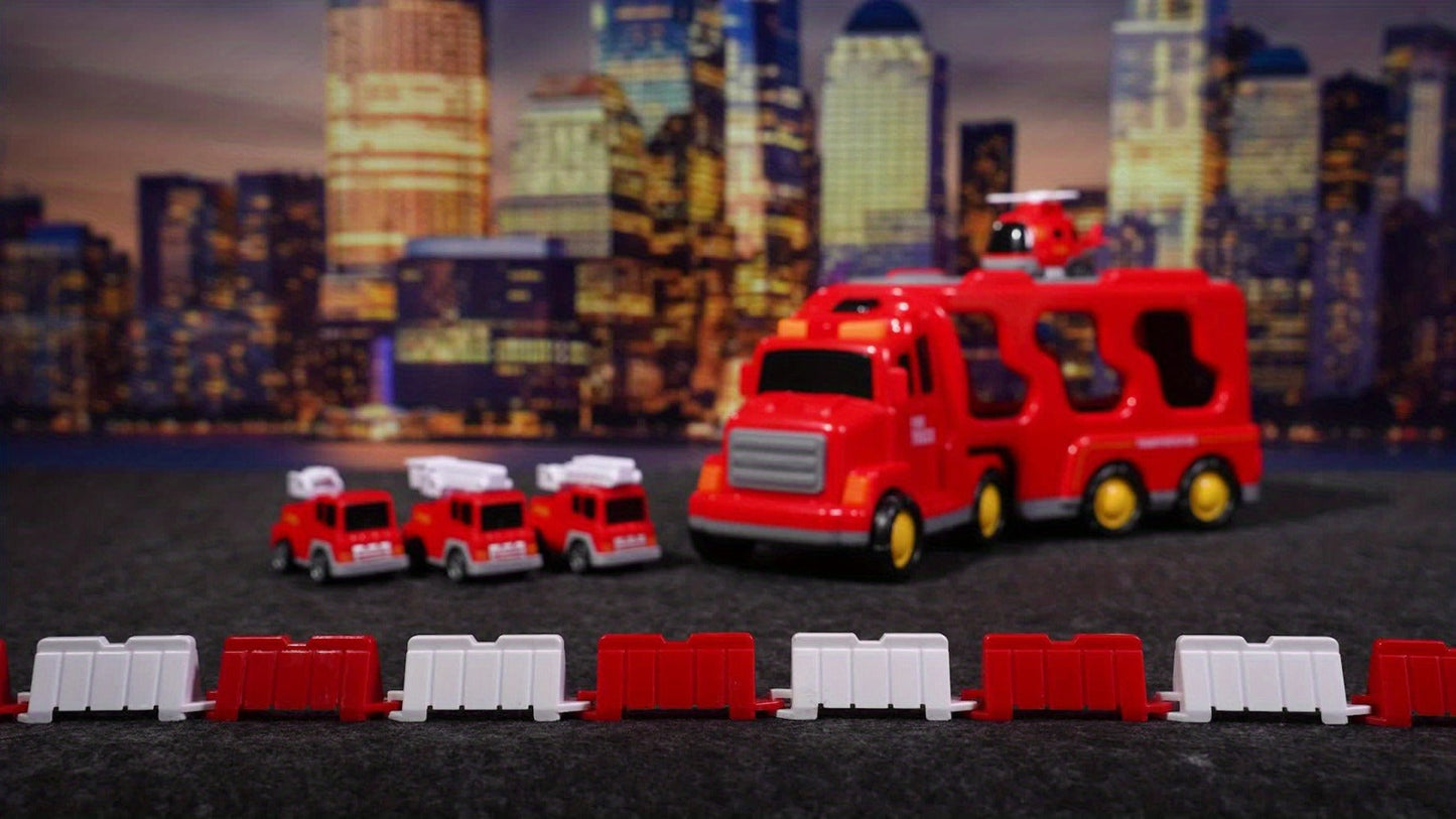 5-in-1 Fire Truck Playset for Kids 3-9, Friction Powered Interchangeable Rescue Vehicles Set with Carrier Truck, Red Plastic Toy Cars for Boys and Girls, Birthday Christmas Gift