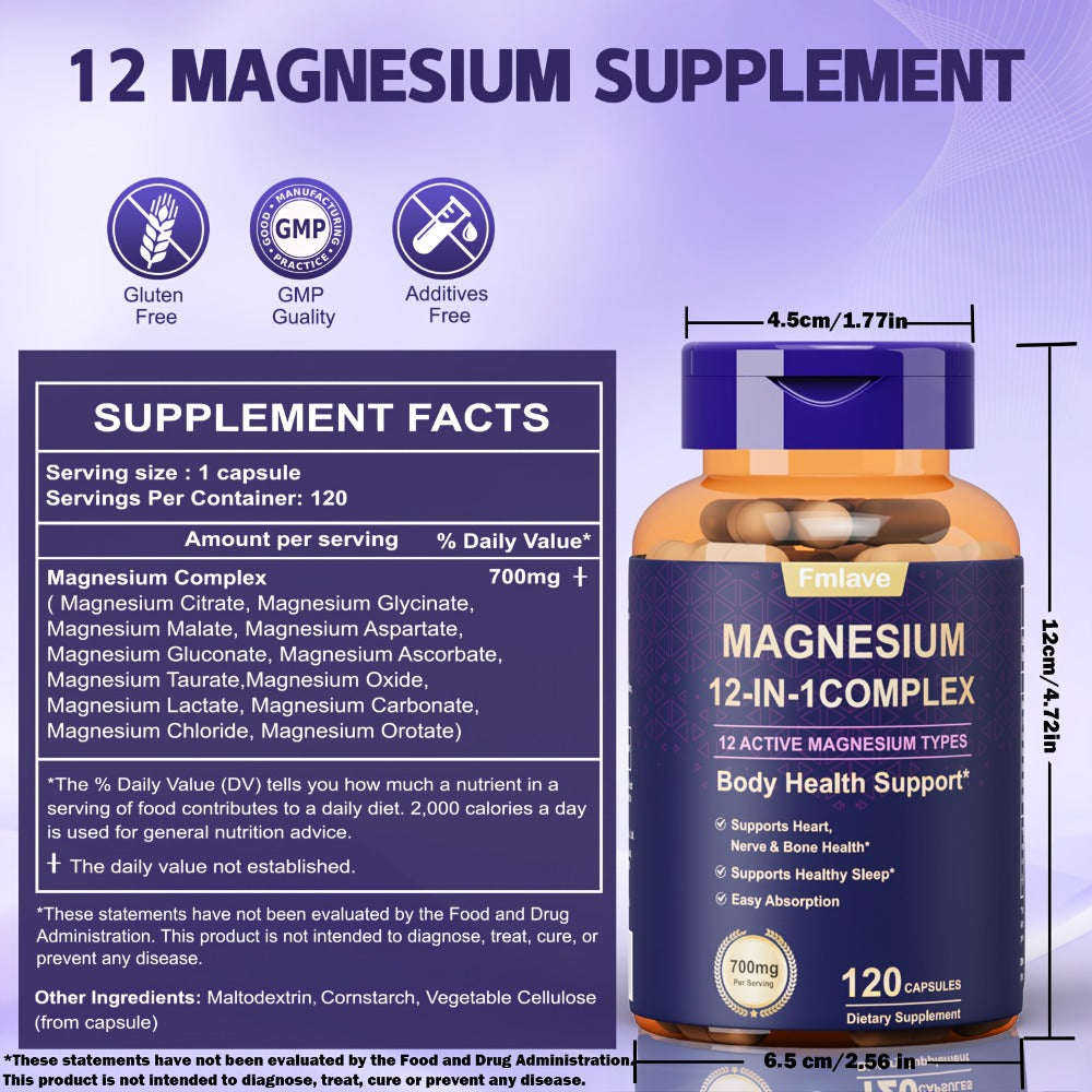 Magnesium Glycinate 700mg 12-in-1 Complex Capsules with Citrate Malate Taurate Carbonate & Oxide — Bone Density Heart Health Deep Sleep Muscle Relaxation & Stress Relief — Gluten-Free 120 Capsules 120-Day Supply
