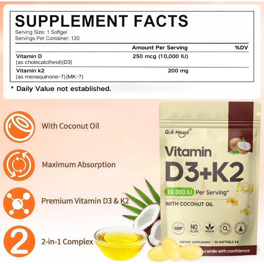 Vitamin D3 10000 IU + K2 MK-7 200mcg Softgels 90 Count with Extra Virgin Coconut Oil — High Potency Calcium Absorption Bone Density Heart & Immune Support for Women and Men