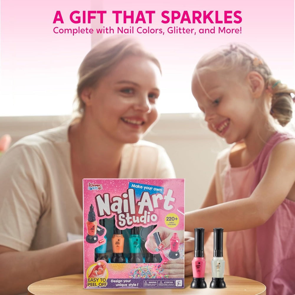 Kids Nail Art Kit for Girls – Non-Toxic Nail Polish Set with Glitter Stickers & Sequins 220+ Designs – Complete Children Nail Studio Creative Gift for Ages 7+ Birthday Christmas Sleepover Spa Party