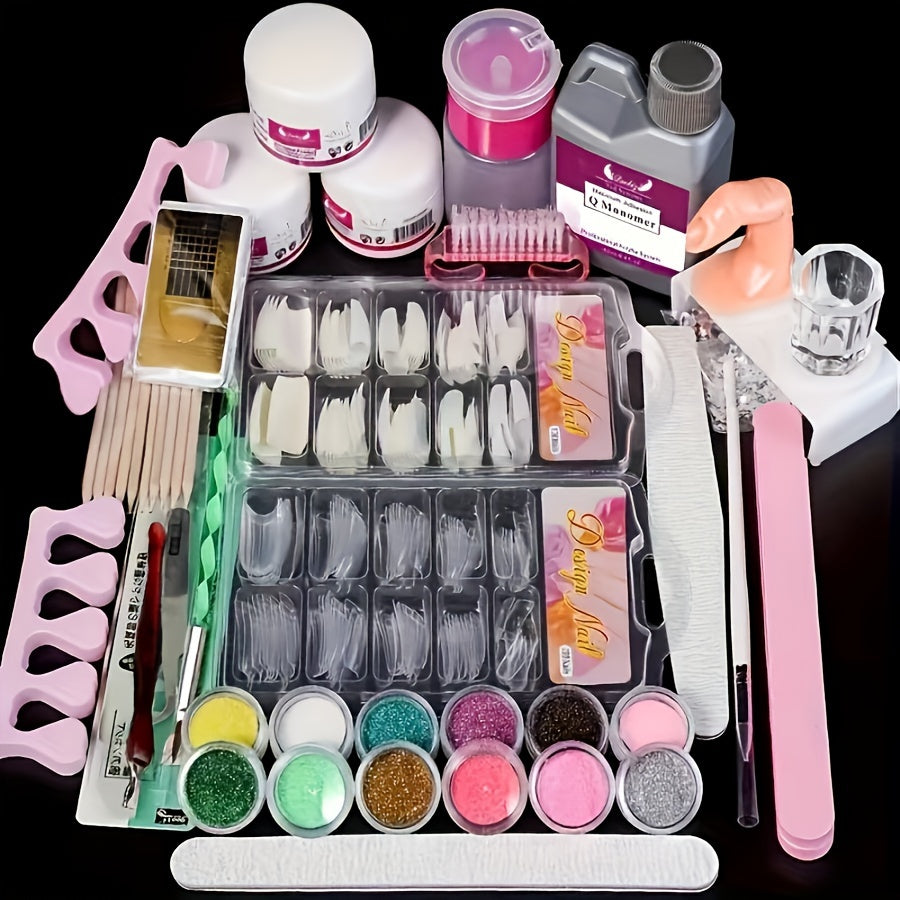 Acrylic Nail Kit for Beginners 12 Color Glitter Acrylic Powder Set with White Clear Pink Nail Extensions Complete Professional Manicure Tools & Acrylic Supplies - Starter Kit Gift for Women