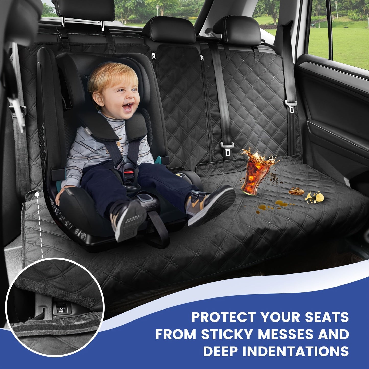 Car Back Seat Cover 60/40 Split Bench Waterproof 900D for Dogs & Kids - Non-Slip Heavy Duty Seat Protector for Cars Trucks SUVs, Machine Washable, Seat Belt & Armrest Access, 54W & 60W Sizes, Black