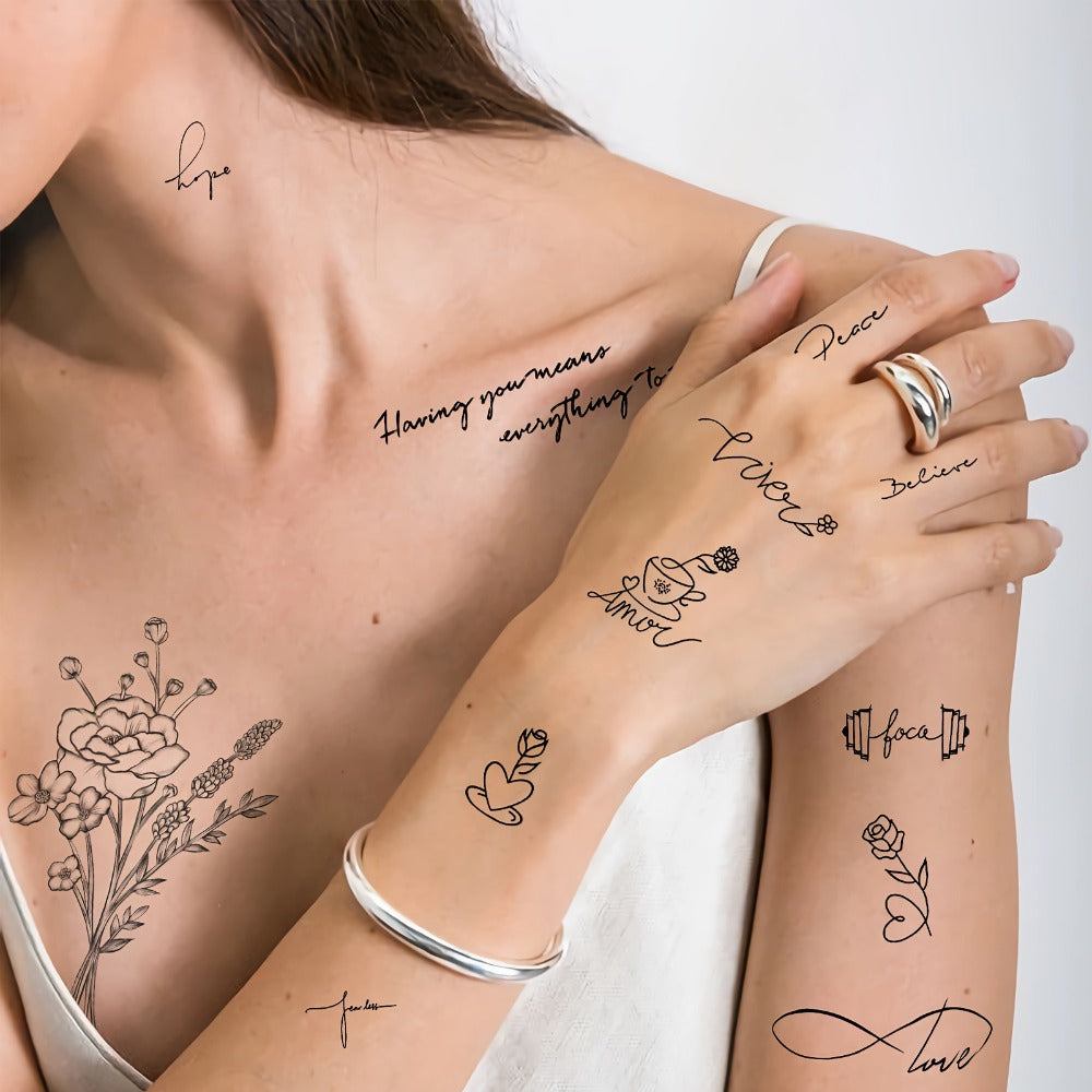 Waterproof Temporary Tattoos 30 Sheets for Women Men Kids, Realistic Floral & Letter Fake Tattoo Stickers for Body Art Face Neck Arm Wrist, Safe Non-Toxic Water Transfer Tattoo Pack for Festival Party Gift