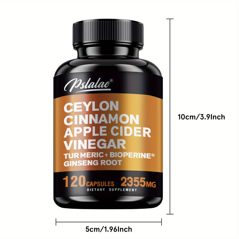 Ceylon Cinnamon Capsules 120 Count with Apple Cider Vinegar Turmeric Bioperine & Ginseng — 5-in-1 Blood Sugar Metabolism & Immune Support Herbal Supplement for Women and Men