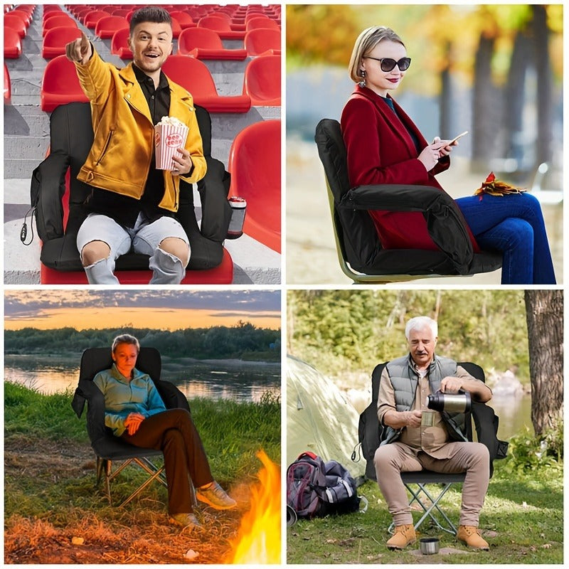 Heated Stadium Seat with Back Support for Bleachers 6 Reclining Positions 3 Heat Levels Dual-Zone USB Heated Bleacher Chair with 5 Storage Pockets Adjustable Armrests Portable Backpack Strap for Sports Games Concerts Outdoor Events