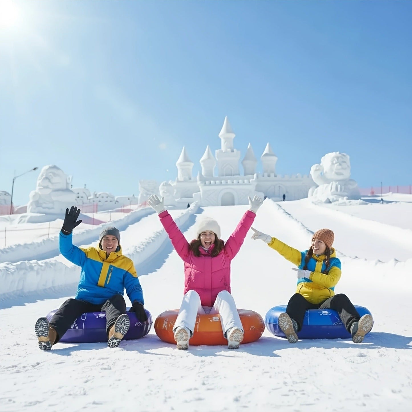 Snow Sled Tubes 3-Pack Foldable Inflatable – Triple-Layer PVC Snow Tubes 36 & 40 Inch, 220 lbs Capacity, 3-Layer Airlock Valve, Non-Slip Thickened Base & Embossed Handles for Ski Resort & Outdoor Winter Fun