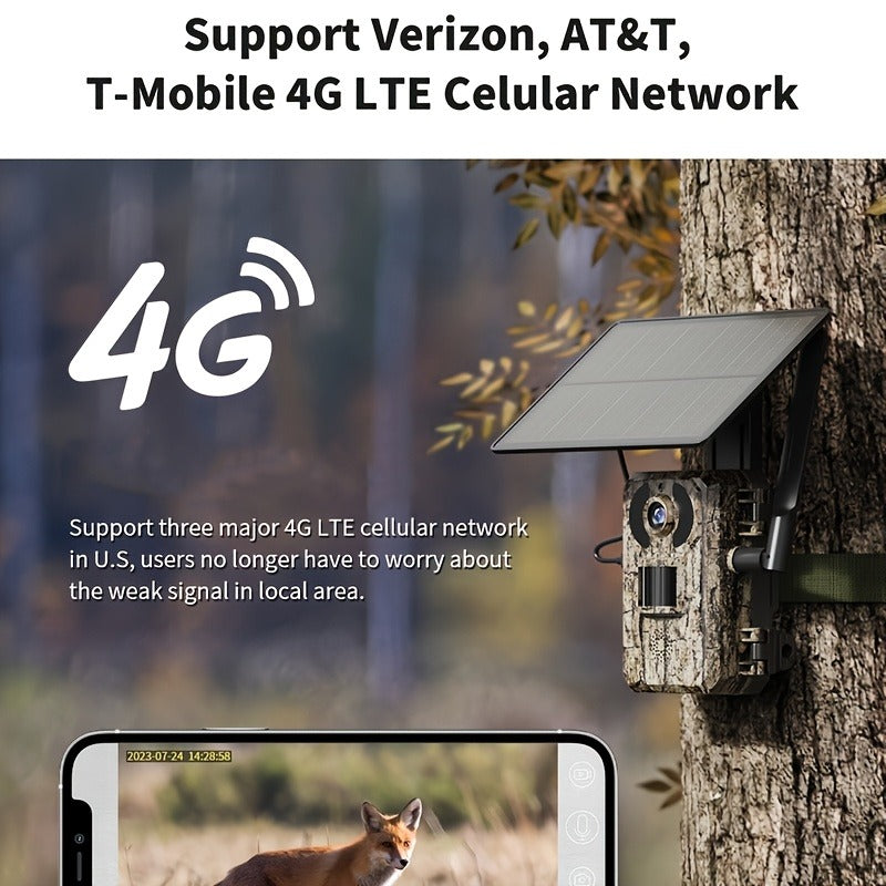 4G LTE Solar Trail Camera – 2K 1440p, No-Glow Night Vision 75ft, 0.2s Trigger, Built-in SIM, Remote Viewing, Wildlife Hunting Camera