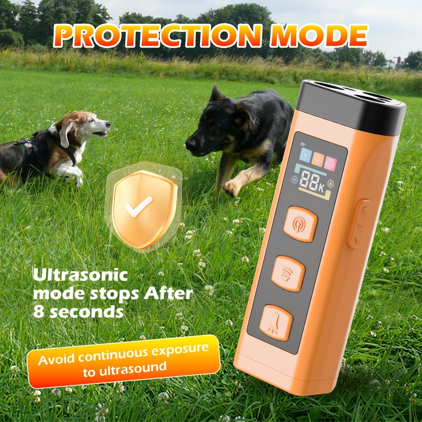 65ft Long-Range Dog Repeller - Triple-Head Ultrasonic Bark Deterrent, Powerful Soundwave Technology, USB Rechargeable Portable Handheld Anti-Barking Device, Dog Behavior Training Tool, Orange