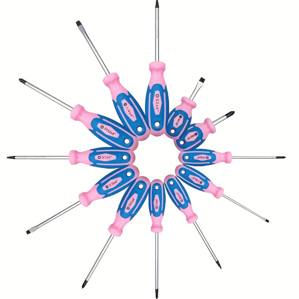 Magnetic Screwdriver Set 12-Piece Pink | Slotted Phillips Torx Tips, Ergonomic Handle, DIY Home Office Garage Tool Kit, Unique Gift for Women & Girls