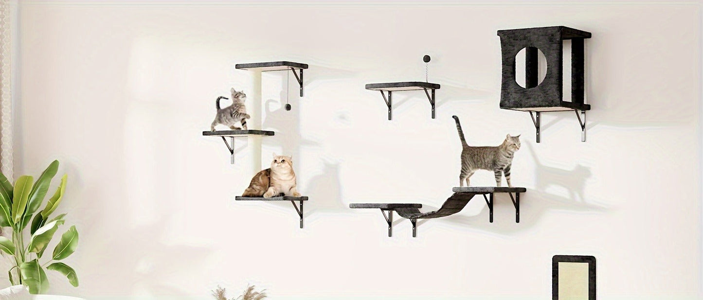Cat Wall Shelves 5-Piece Set - Wall-Mounted Cat Furniture with Floating Perch, Cat Climber, Bridge & Cat Bed, Modern Cat Tree Alternative for Indoor Cats, Black / Grey / Beige