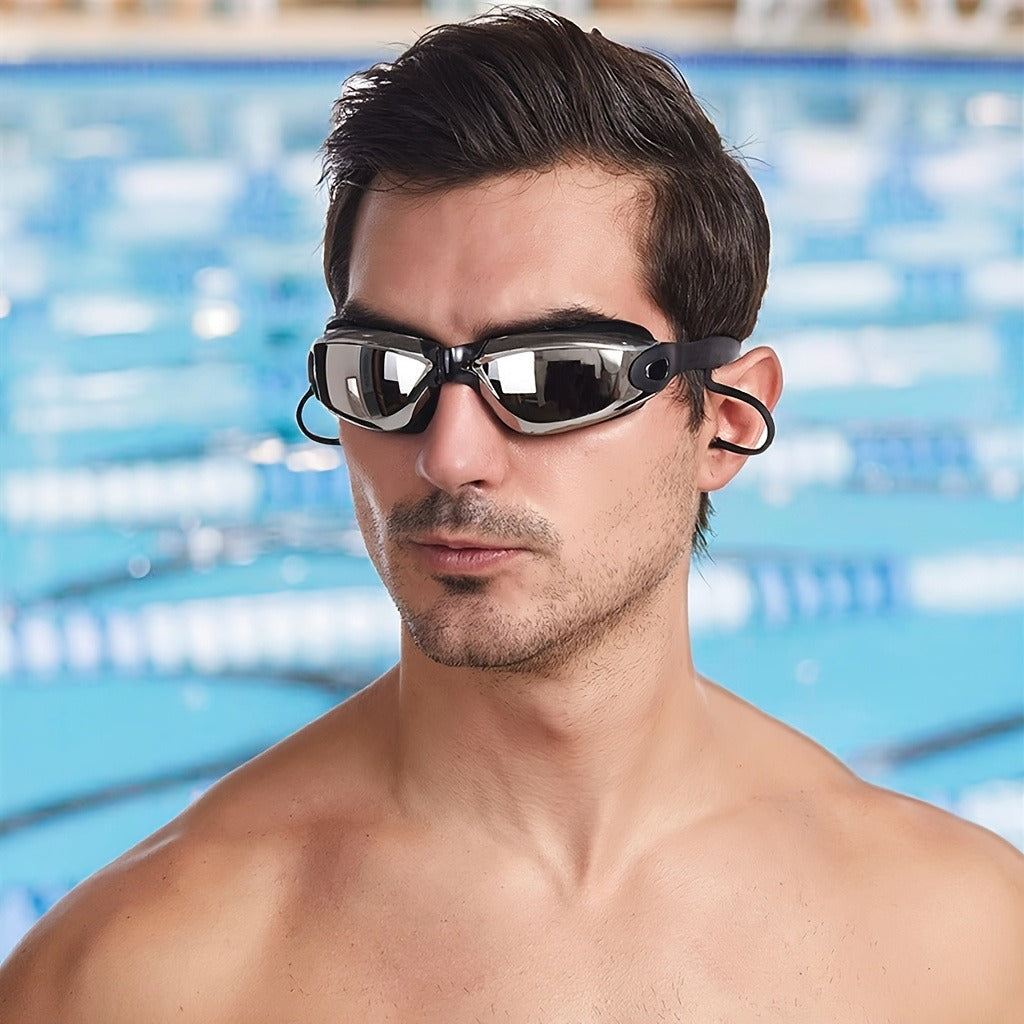 Swimming Goggles 6pcs Set with Cap Nose Clip Earplugs & Storage Bag – UV Protection Anti-Fog Adult Racing Swim Goggles Bundle, Silver-Coated Black Lens, Waterproof PU Swim Cap Included