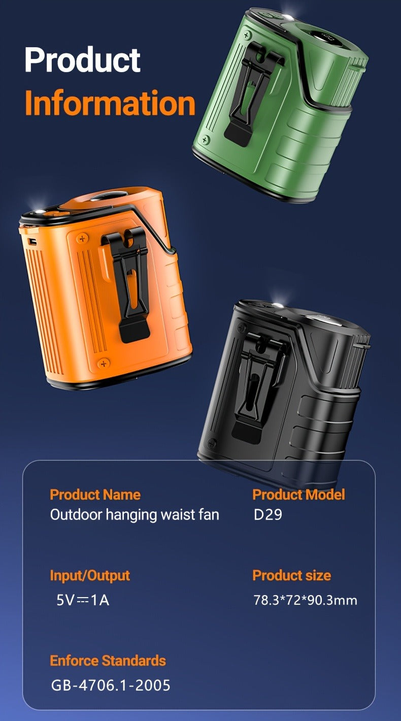 Portable Waist Fan 4-in-1 Neck Fan with Flashlight Power Bank Large Battery for Outdoor Camping Hiking Sports EDC