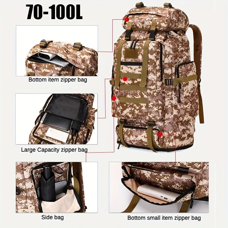 Large Capacity Expandable Outdoor Backpack 26-42 Gal – Soft Shell Geometric Pattern Hiking Rucksack for Camping, Mountaineering & Leisure | Black & Jungle Camo