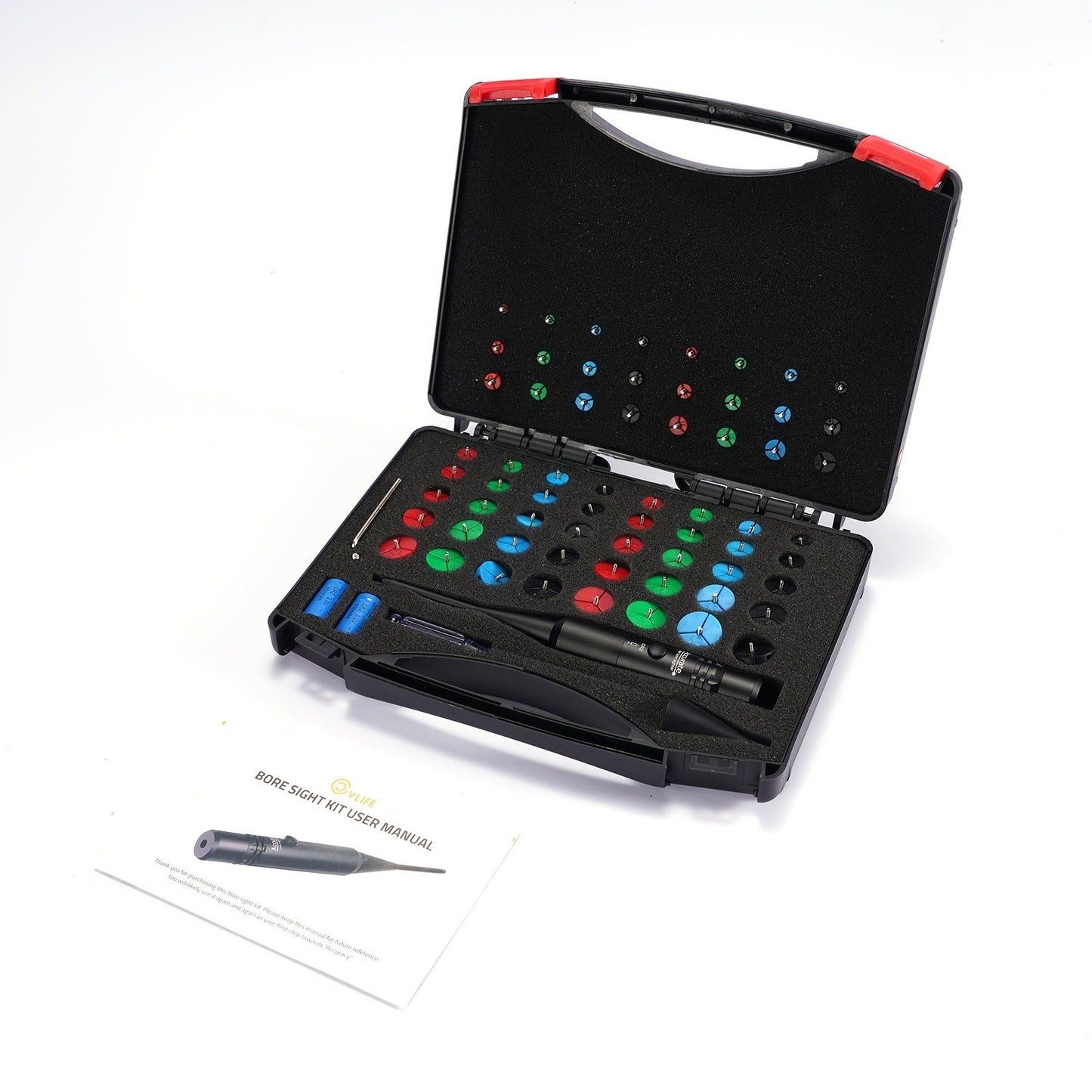 Red Laser Bore Sight Kit with 64 Adapters | Professional Multi-Caliber Boresighter for .17 to 12GA Rifles, Pistols & Handguns – Color-Coded Adapters, 40-Hour Battery & Portable Case Included