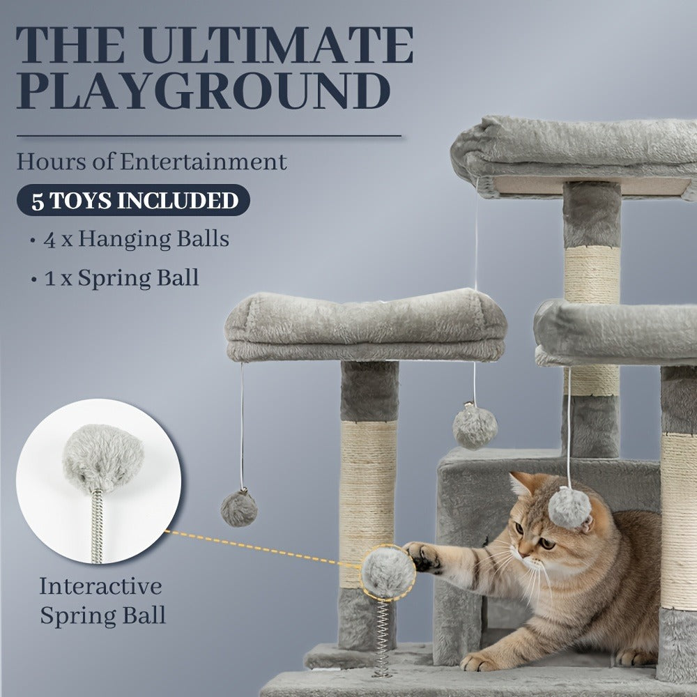 Large Multi-Level Cat Tree Tower – 68–81 Inch Tall Cat Condo with 2 Condos, 3 Plush Perches, Scratching Posts & Cat Hair Brush