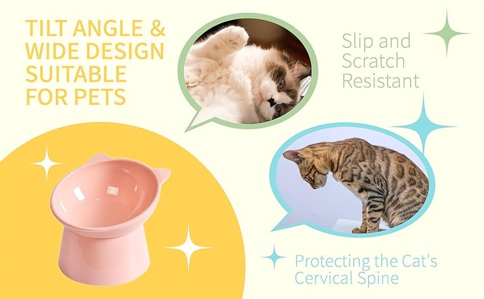 Cat Ear Shaped Raised Cat Bowls Set of 3 - Elevated Feeder Anti-Slip Base Neck Comfort Design, Pink Green Blue Feeding Dish for Cats & Small Pets
