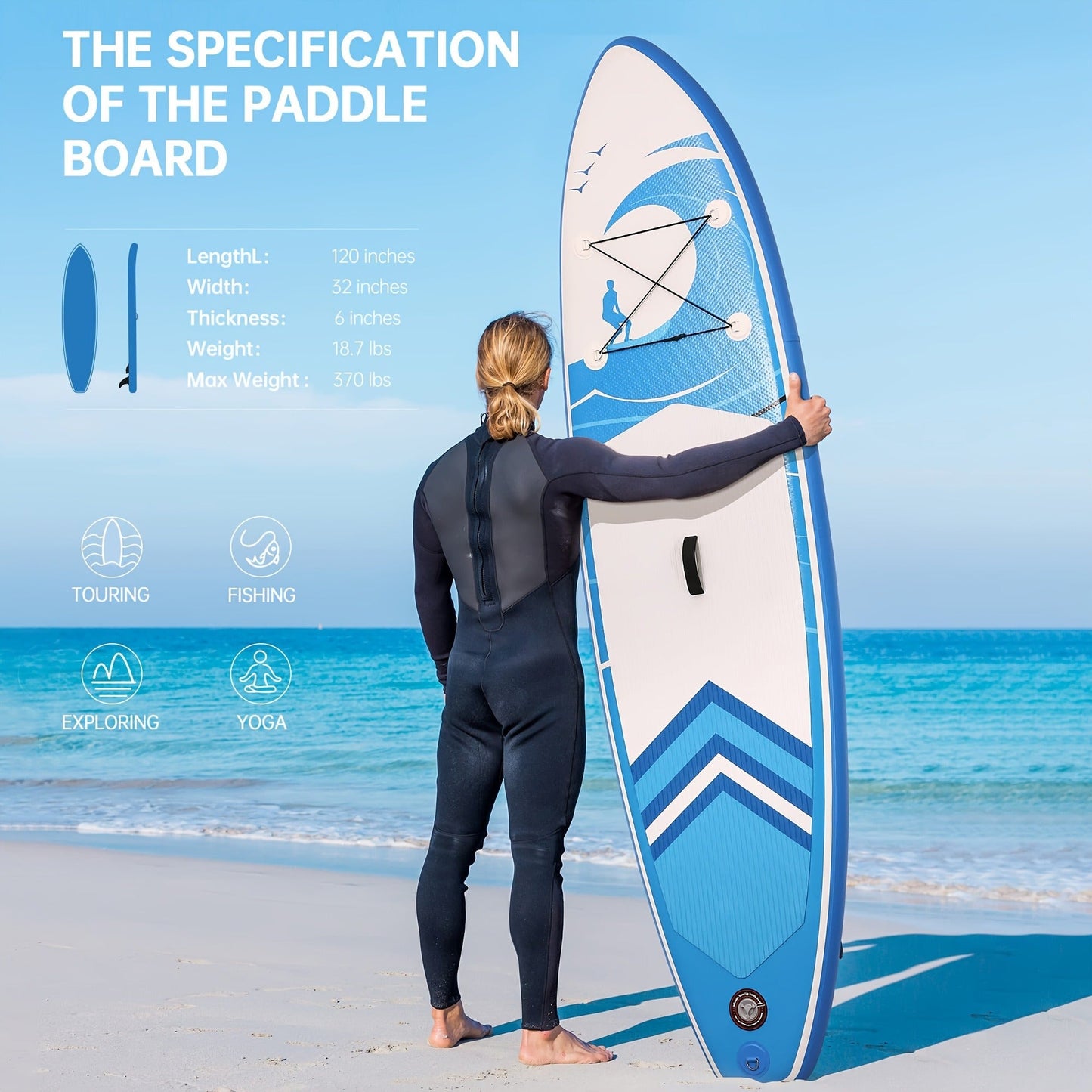 SUP Board 6 Inch Thick 120"x30" – Inflatable Stand Up Paddle Board 375lbs, 2+1 Fin Setup, Full Accessories Kit for Adults Youth Fishing Yoga Surfing Kayak