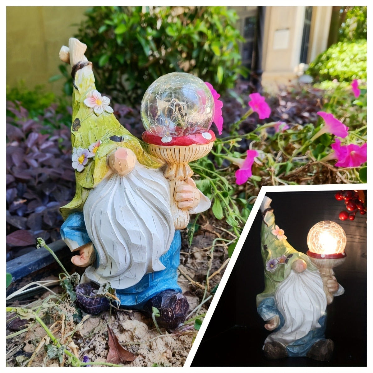 Solar Garden Gnome Statue with LED Magical Ball Light Outdoor Resin Dwarf Sculpture IP44 Waterproof Spring Yard Patio Decor Housewarming Gift