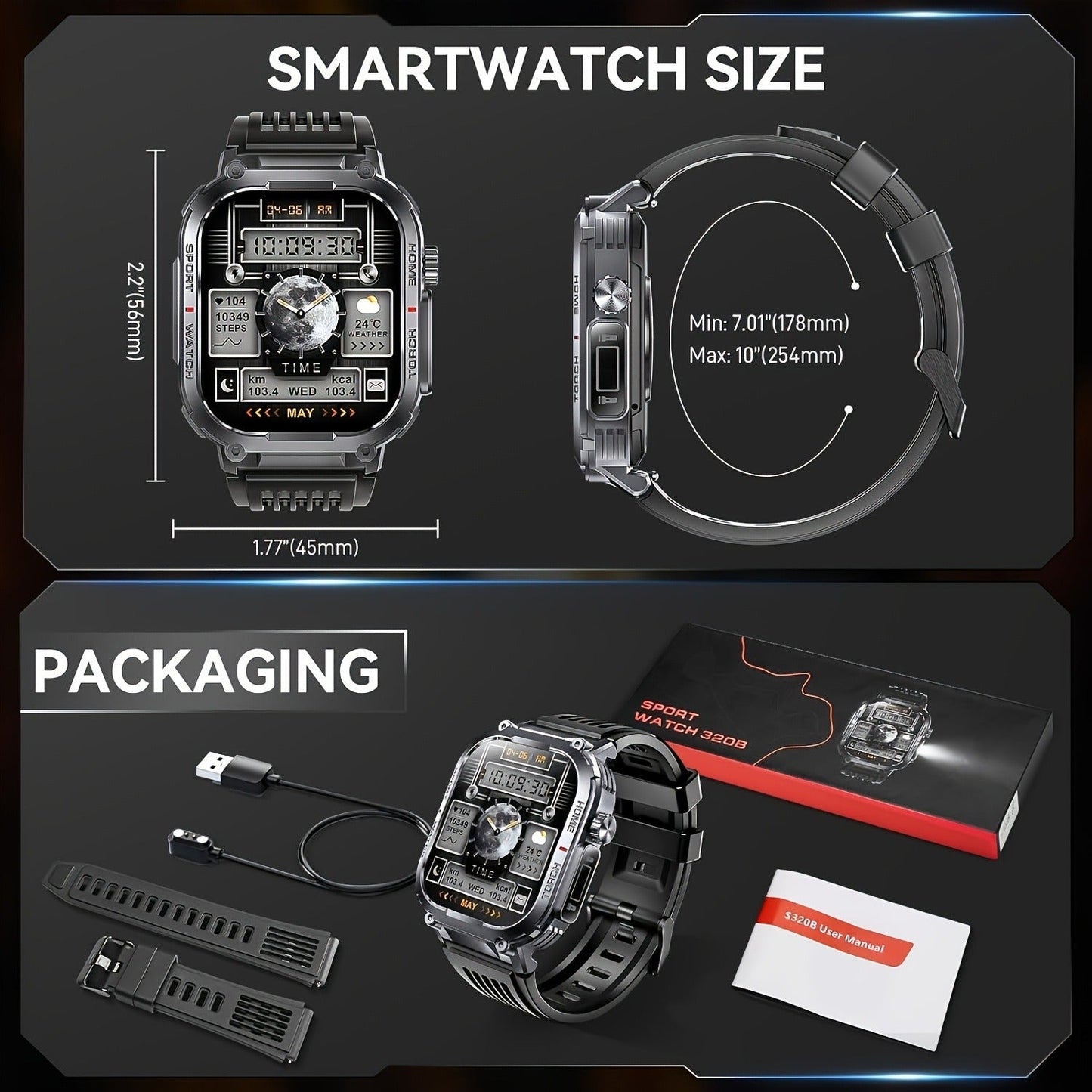 Smart Watch for Men with Call Function, IP68 Waterproof Outdoor Smartwatch 2.02" LED Flashlight, 400mAh Battery, Compass Pedometer Calorie Pressure Monitor Fitness Tracker for iPhone Android