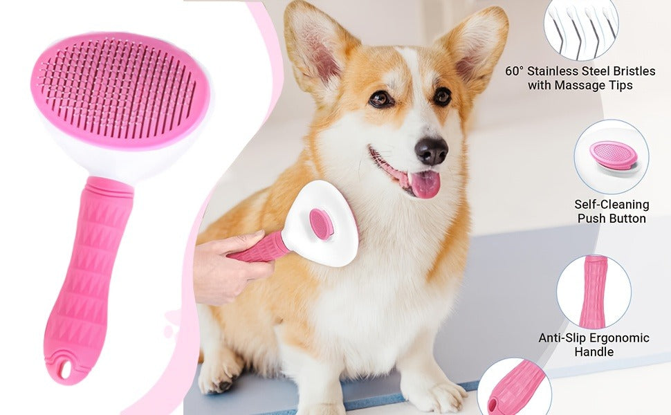 Cat & Dog Grooming Set 9-in-1 & 11-in-1 – Self-Cleaning Slicker Brush, Nail Clippers & File, Flea Comb, Shampoo Brush, Finger Toothbrush & Storage Bag, No Battery, Pink or Blue