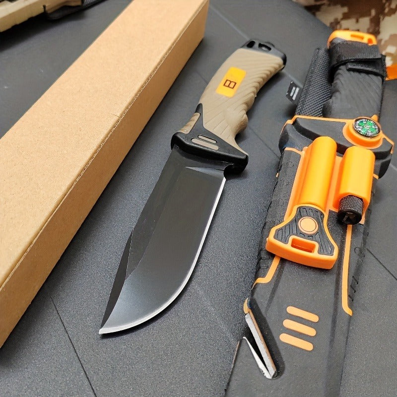 Fixed Blade Outdoor Camping Knife 9.64 Inch Stainless Steel, Survival Hunting Knife with Flint Fire Starter Night Light Sharpener Safety Sheath, Non-Slip Ambidextrous Handle for Hiking Mountaineering Adventure