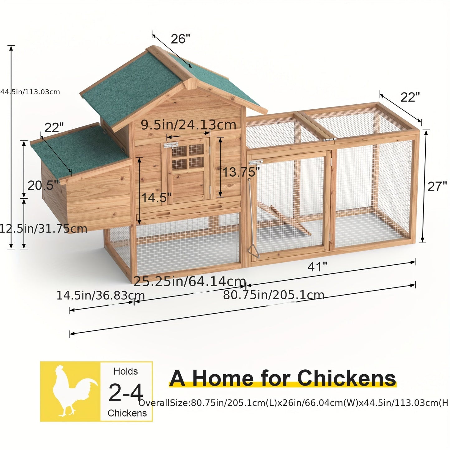 Outdoor Wooden Chicken Coop 80" – Backyard Hen House for 2-4 Chickens with Run Cage, Nesting Box & Ramp | Weather-Resistant Fir Wood Poultry Hutch, Slide-Out Tray, Wire Fencing