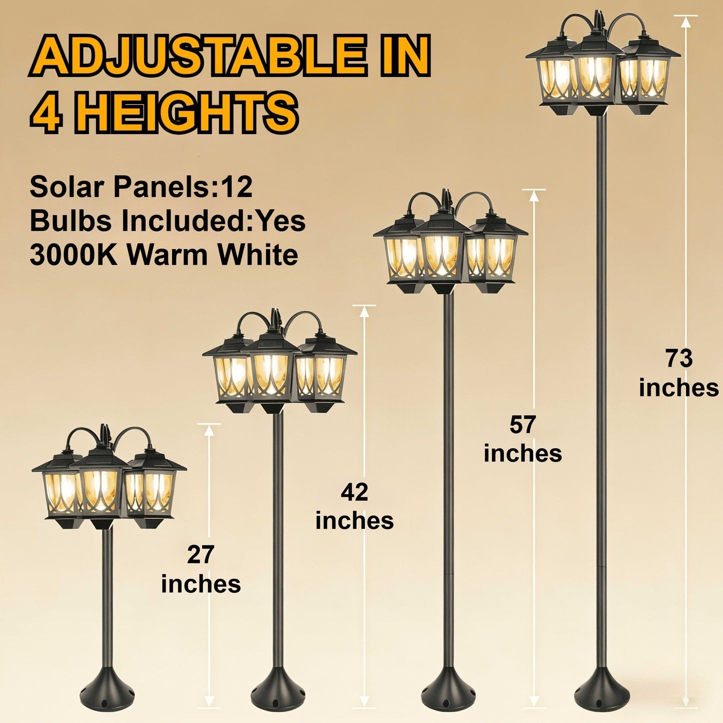 Solar Lamp Post 73in 3-Head Dusk to Dawn Outdoor Garden Light IP44 Waterproof Aluminum Rust-Proof Vintage Edison Bulb Patio Yard Pathway Decor