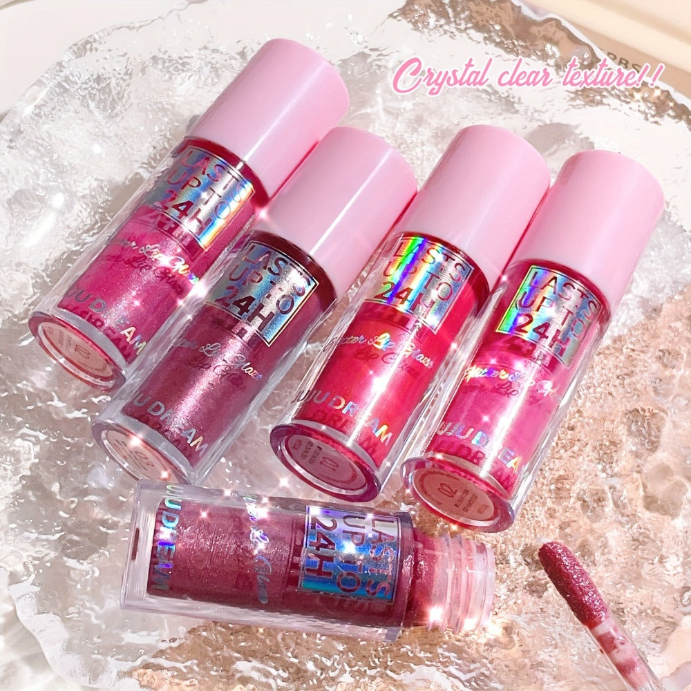 24H Waterproof Glitter Lip Gloss & Lip Stain Set 3PCS – Moisturizing Lip Oil Formula, Long-Lasting Smudge-Proof Glitter Shine in Berry Coral Pink Red Shades for Women All Skin Tones
